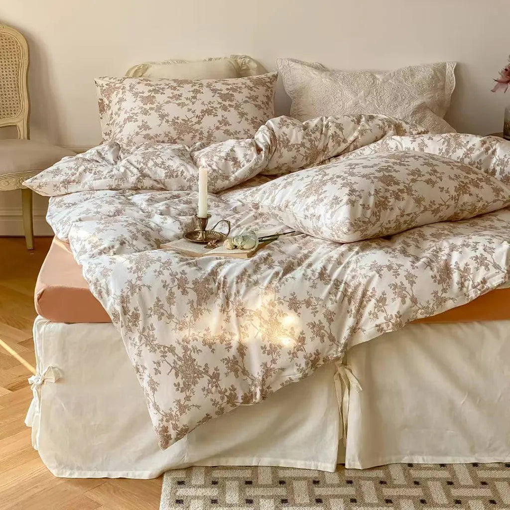 Toile Floral Cotton Bedding Set Duvet Cover Pillowcase