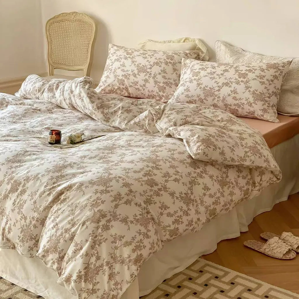 Toile Floral Cotton Bedding Set Duvet Cover Pillowcase