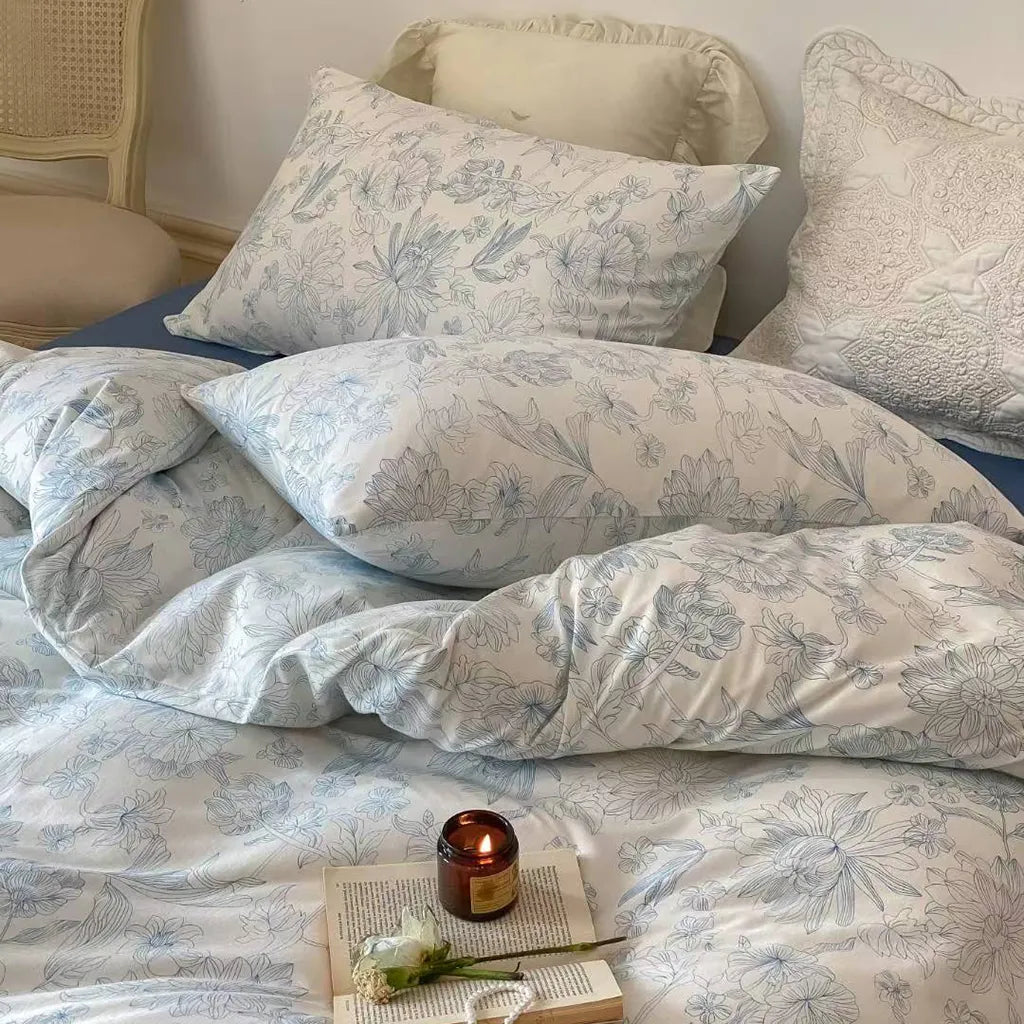 Toile Floral Cotton Bedding Set Duvet Cover Pillowcase