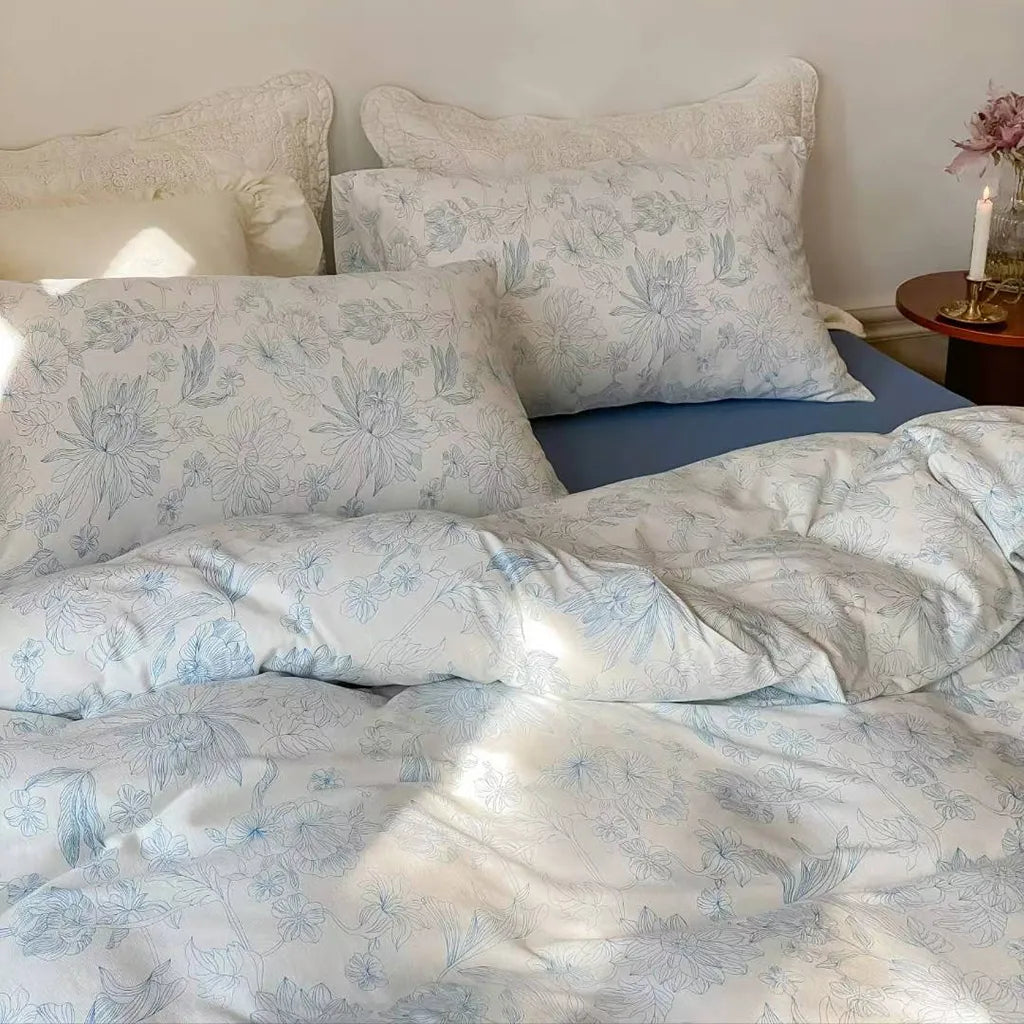 Toile Floral Cotton Bedding Set Duvet Cover Pillowcase