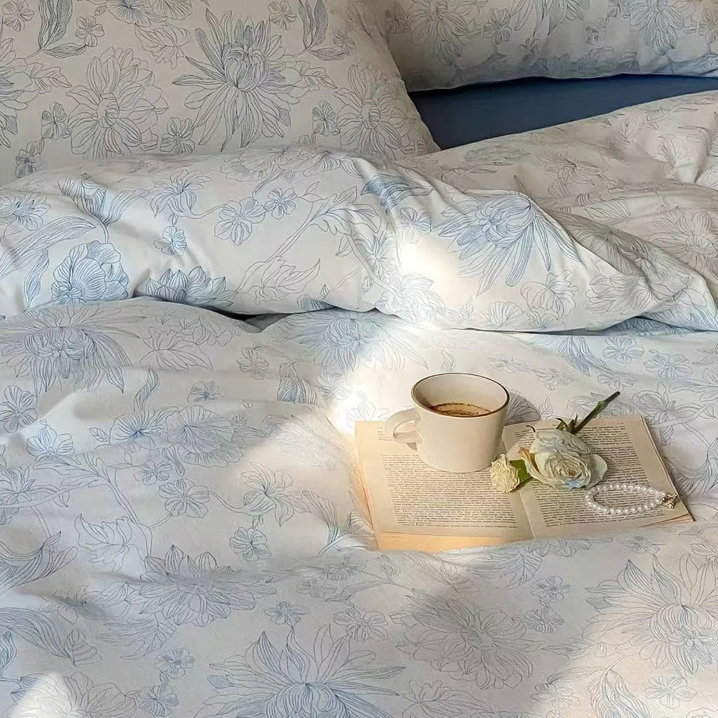 Toile Floral Cotton Bedding Set Duvet Cover Pillowcase
