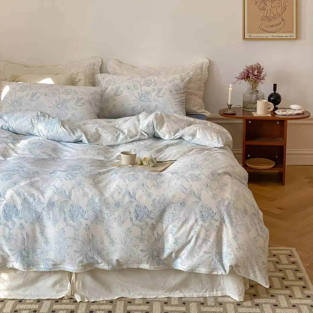 Toile Floral Cotton Bedding Set Duvet Cover Pillowcase