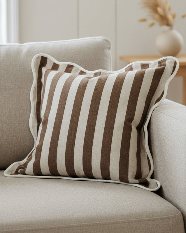 Chloe Brown Square Stripe Scalloped Cushion Cover Sofa Decor