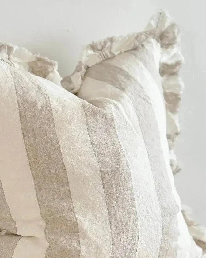 Hallie Beige White Wide Stripe Square Cotton Cushion Cover