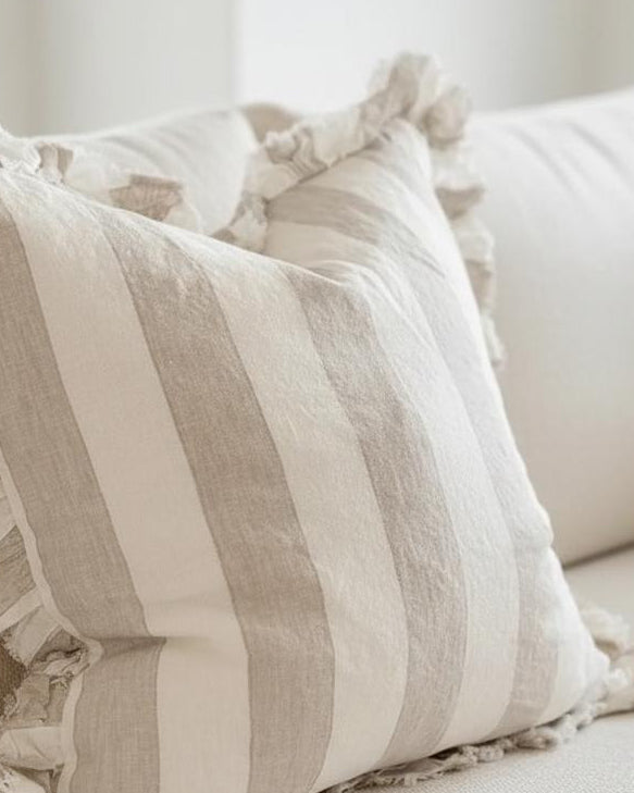 Hallie Beige White Wide Stripe Square Cotton Cushion Cover