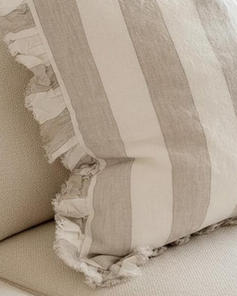 Hallie Beige White Wide Stripe Square Cotton Cushion Cover