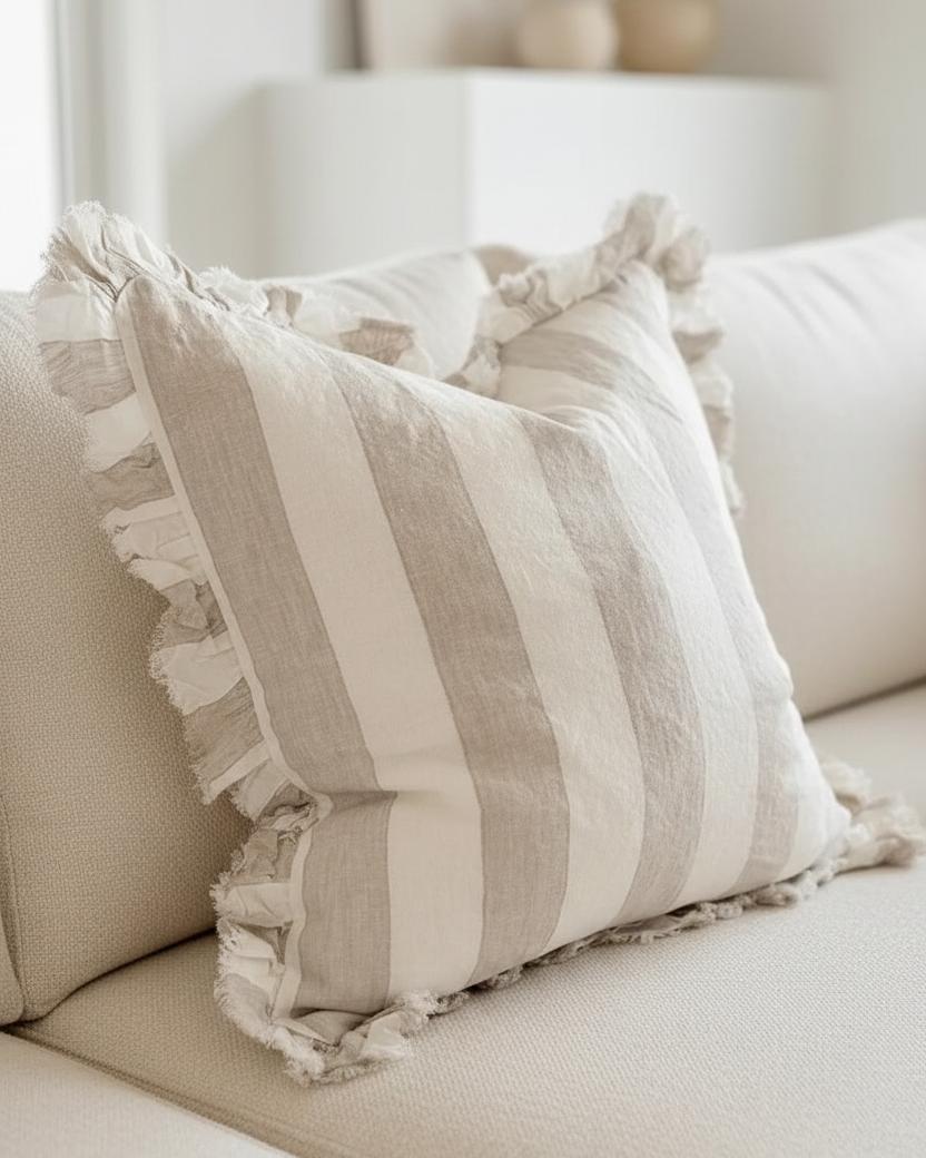 Hallie Beige White Wide Stripe Square Cotton Cushion Cover